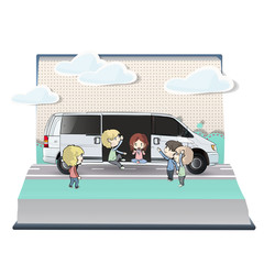 Many kids with van inside a book. 