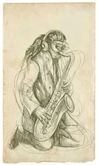 Papier Peint photo autocollant Groupe de musique saxophoniste - une illustration vintage dessinée à la main