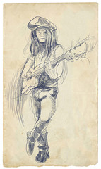 Fototapeta na wymiar młody gitarzysta - wyciągnąć rękę rocznika ilustracji