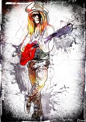 Papier Peint photo Lavable Groupe de musique jeune guitariste - une illustration grunge dessinée à la main