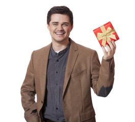 A man holding present box on white background.