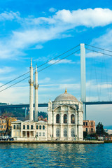 Fototapeta na wymiar Ortakoy mosque and Bosphorus bridge, Istanbul, Turkey.