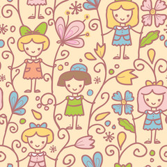 Vector girls with flowers seamless pattern background with hand