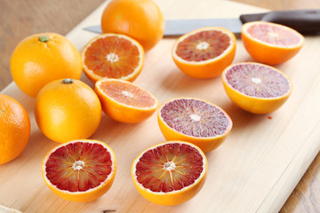 Blood oranges on cutting board