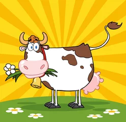 Abwaschbare Fototapete Bauernhof Cartoon-Milchkuh mit Blume im Mund auf einer Wiese
