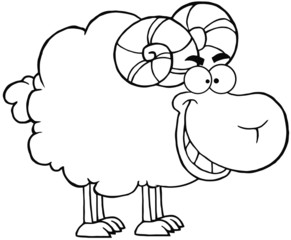 Outlined Happy Ram Cartoon Mascot Character