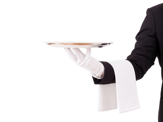 Professional waiter holding an empty dish. Isolated on white bac
