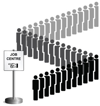 people queuing at a job centre sign