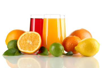 Glasses of juise with leafs and fruits isolated on white