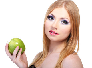 Beautiful young woman with glamour make up and apple, isolated