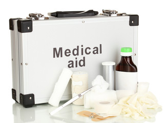 First aid kit for bandaging isolated on white