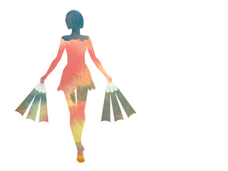 Silhouette of girls carrying bags, painted in watercolor