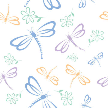 Seamless pattern with dragonfly and flower