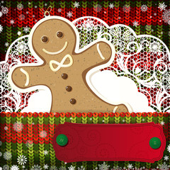 Christmas decorations on handmade knitted background.