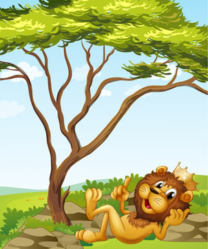 A king lion lying down near the tree