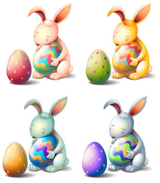 Four rabbits with easter eggs