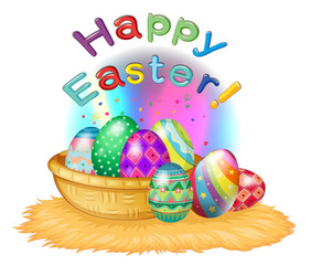 A happy easter greeting with a basket full of eggs