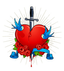 Vector illustration of heart with birds, roses and knife