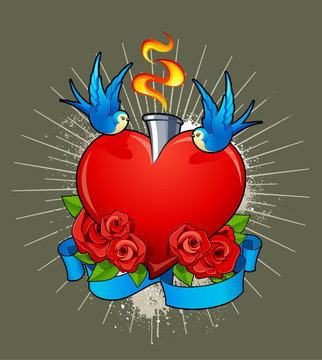 Vector illustration of heart with birds, roses and ribbon