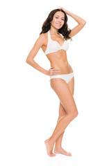 Young woman with lingerie (bikini) in front of white background