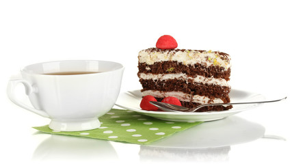 A cup of tea and delicious cake isolated on white