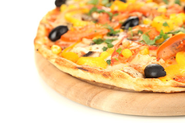 Tasty pizza with vegetables, chicken and olives isolated