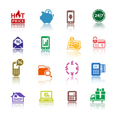 Set pictograms Shopping Icons. Color with reflection