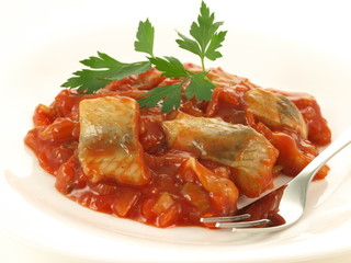 Fish in tomatoes, isolated