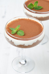 chocolate dessert with whipped cream decorated with mint