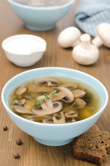 mushroom soup in blue bowl vertical