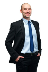 Portrait of happy smiling young businessman, isolated over white