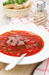 ukrainian national red borscht on the plate closeup