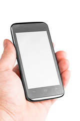 Modern mobile phone in hand isolated on white background