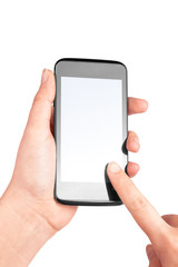 Modern mobile phone in hand isolated on white background