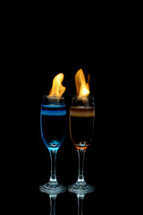 Private coktail glasses in flame-Special drink for love