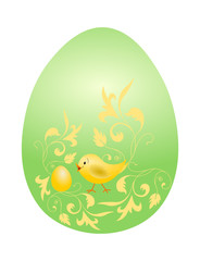 verziertes Osterei mit Küken und Ornamenten in grün