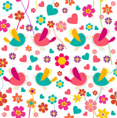 Plakaty  Wiosenny wzór ptaków i kwiatów