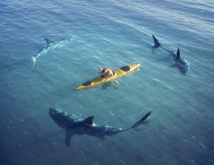Man on a boat in the middle of the ocean surrounded by sharks. - 49453636