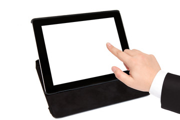 tablet with isolated screen in black carrying case and businessm