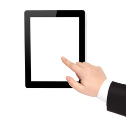 isolated computer tablet and hand points to the screen