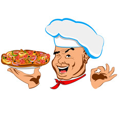 Chef and big pizza.Face Chef.Restaurant business. Vector