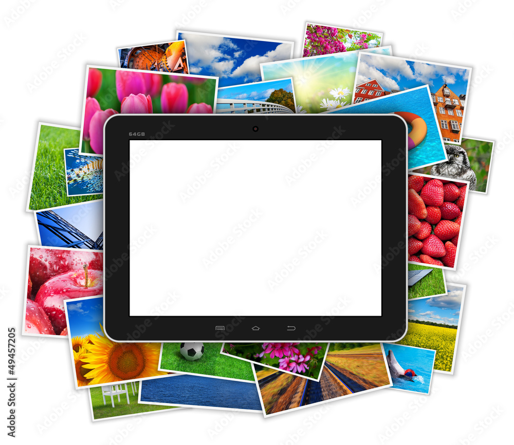Poster blank tablet computer on heap of colorful photos