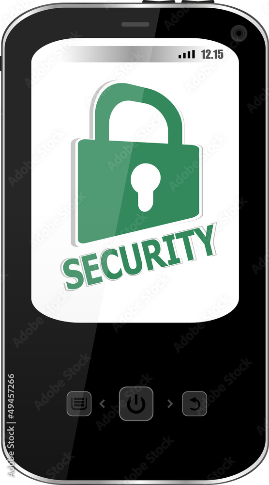 Poster smartphone with closed padlock on display. mobile smart phone