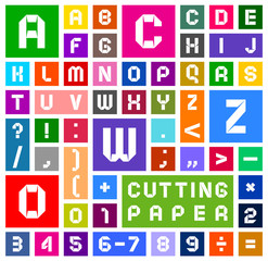 Alphabet of paper, cut out, white on multicolor background