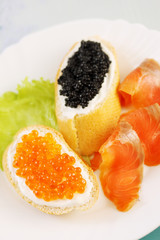 sandwich with red, black caviar