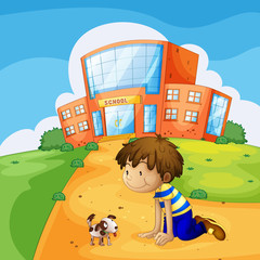 Een kleine jongen en zijn huisdier in de buurt van de school