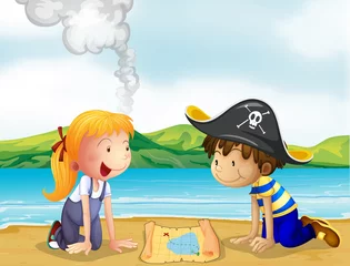 Cercles muraux Pirates Une fille et un garçon étudient la carte