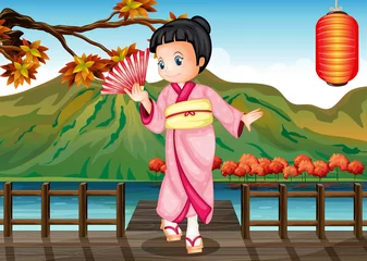  Een meisje in kimonokleding bij de brug © GraphicsRF