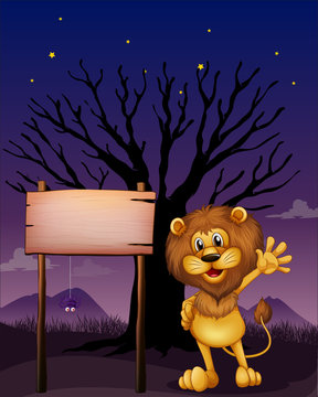 A lion waving beside an empty board