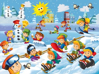 Naklejka na ściany i meble Dzieci, zabawa, zima - ilustracji dla dzieci